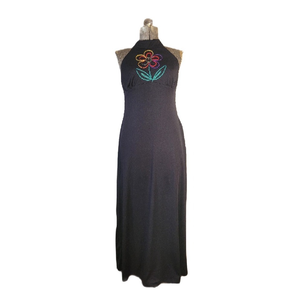 Vintage 60s 70s Mod Hippy Halter Maxi Dress Black Rainbow Flower‎ Size S/M Y2K